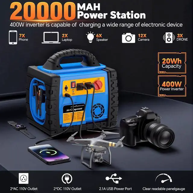 Alt view image 5 of 7 - Car Jump Starter with Air Compressor, 1800A Battery Booster Pack for Up to 8.0L Gas & 6.0L Diesel, 150PSI Tire Inflator, 400W Portable Power Station with AC Outlet, 6-in-1 Jump Box for Cars, Trucks