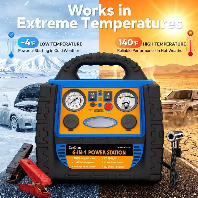 Alt view image 7 of 7 - Car Jump Starter with Air Compressor, 1800A Battery Booster Pack for Up to 8.0L Gas & 6.0L Diesel, 150PSI Tire Inflator, 400W Portable Power Station with AC Outlet, 6-in-1 Jump Box for Cars, Trucks