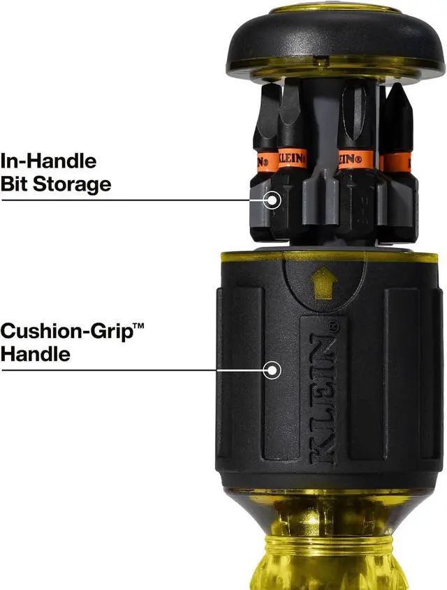 Alt view image 6 of 7 - Klein Tools 32308 Multi-bit Stubby Screwdriver, Impact Rated 8-in-1 Adjustable Magnetic Tool with Phillips, Slotted, Square and Nut Driver