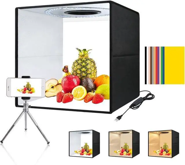 Main image of Photo Box 16" x 16" Quick Install Foldable Portable Studio Kit with Soft Light Cloth Professional Photography Equipment Adjustable White Light, Soft Light, Warm Light