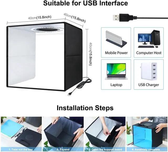 Alt view image 7 of 7 - Photo Box 16" x 16" Quick Install Foldable Portable Studio Kit with Soft Light Cloth Professional Photography Equipment Adjustable White Light, Soft Light, Warm Light