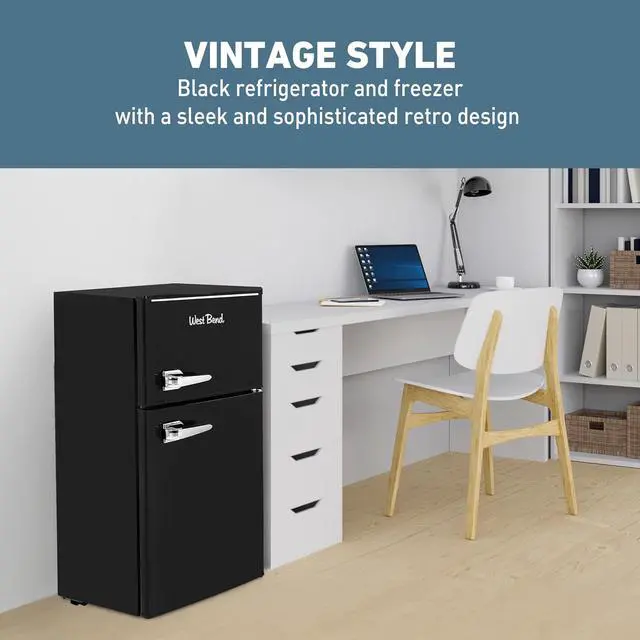 Alt view image 4 of 7 - West Bend Mini Fridge with Freezer for Bedroom, Office, Bar or Dorm Room, Retro Compact Refrigerator features Glass Shelves, Manual Defrost and Adjustable Temperature Control, 3.1-Cu.Ft., Black