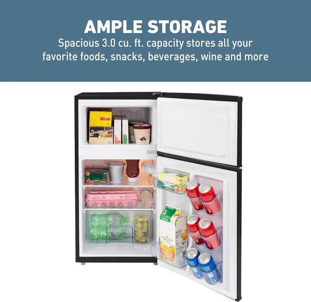 Alt view image 5 of 7 - West Bend Mini Fridge with Freezer for Bedroom, Office, Bar or Dorm Room, Retro Compact Refrigerator features Glass Shelves, Manual Defrost and Adjustable Temperature Control, 3.1-Cu.Ft., Black
