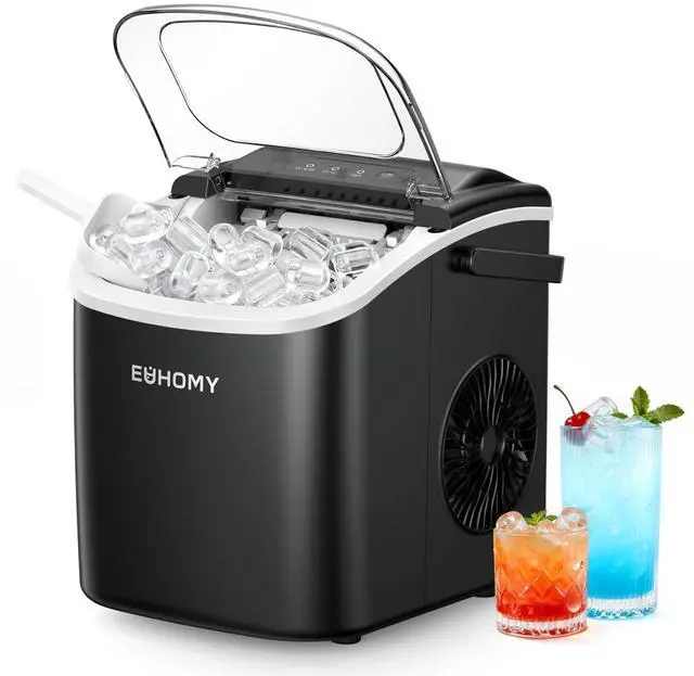 Main image of EUHOMY Countertop Ice Maker Machine with Handle, 26lbs in 24Hrs, 9 Ice Cubes Ready in 6 Mins, Auto-Cleaning Portable Ice Maker with Basket and Scoop, for Home/Kitchen/Camping/RV. (Black)