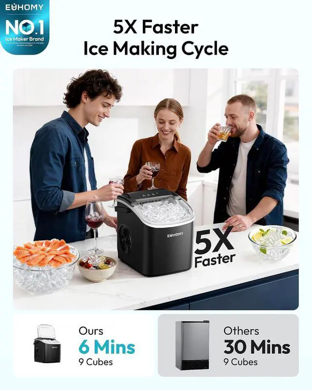 Alt view image 2 of 7 - EUHOMY Countertop Ice Maker Machine with Handle, 26lbs in 24Hrs, 9 Ice Cubes Ready in 6 Mins, Auto-Cleaning Portable Ice Maker with Basket and Scoop, for Home/Kitchen/Camping/RV. (Black)