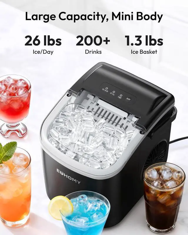 Alt view image 3 of 7 - EUHOMY Countertop Ice Maker Machine with Handle, 26lbs in 24Hrs, 9 Ice Cubes Ready in 6 Mins, Auto-Cleaning Portable Ice Maker with Basket and Scoop, for Home/Kitchen/Camping/RV. (Black)
