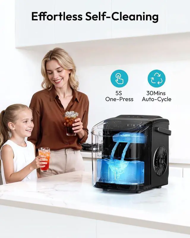 Alt view image 6 of 7 - EUHOMY Countertop Ice Maker Machine with Handle, 26lbs in 24Hrs, 9 Ice Cubes Ready in 6 Mins, Auto-Cleaning Portable Ice Maker with Basket and Scoop, for Home/Kitchen/Camping/RV. (Black)