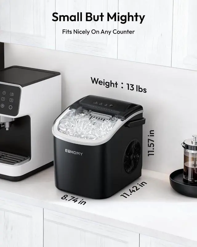 Alt view image 7 of 7 - EUHOMY Countertop Ice Maker Machine with Handle, 26lbs in 24Hrs, 9 Ice Cubes Ready in 6 Mins, Auto-Cleaning Portable Ice Maker with Basket and Scoop, for Home/Kitchen/Camping/RV. (Black)