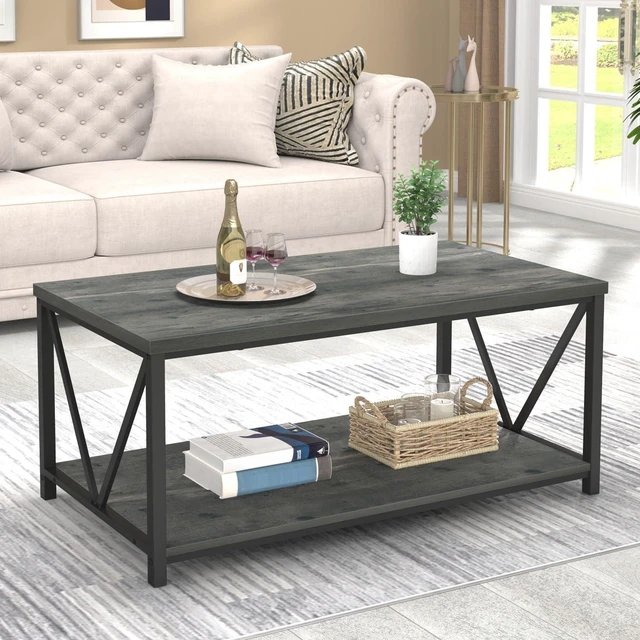 Alt view image 3 of 7 - EXCEFUR Coffee Table, Rustic Wood and Metal Center Table for Living Room, 39.3 Inch Grey