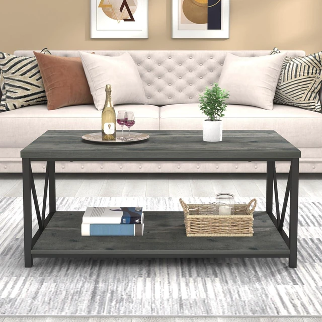 Alt view image 7 of 7 - EXCEFUR Coffee Table, Rustic Wood and Metal Center Table for Living Room, 39.3 Inch Grey