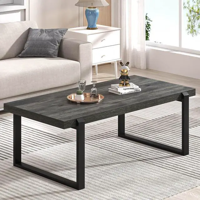 Main image of EXCEFUR Modern Coffee Table, Rustic Wood and Metal Center Table, Rectangle Cocktail Tea Table for Living Room, Grey, 44 Inch