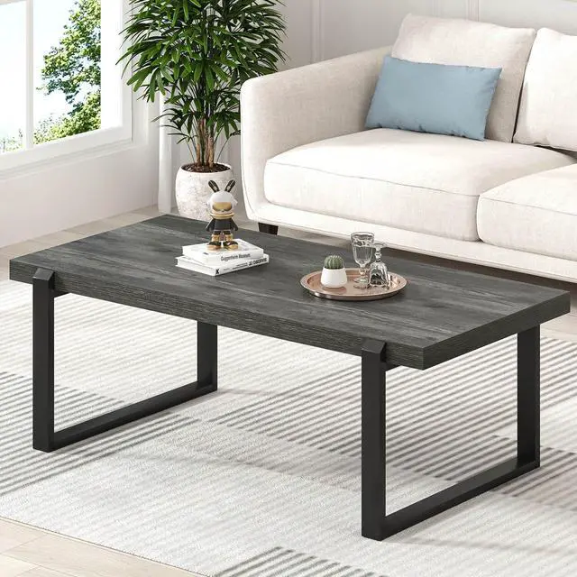Alt view image 3 of 7 - EXCEFUR Modern Coffee Table, Rustic Wood and Metal Center Table, Rectangle Cocktail Tea Table for Living Room, Grey, 44 Inch