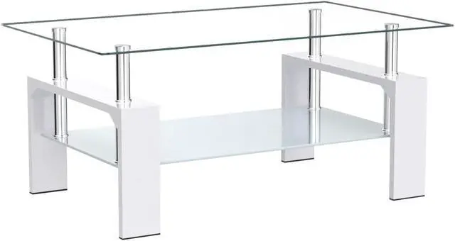 Alt view image 4 of 6 - Modern White Glass Coffee Table for Living Room, Rectangle Center Table, Clear Tea Table