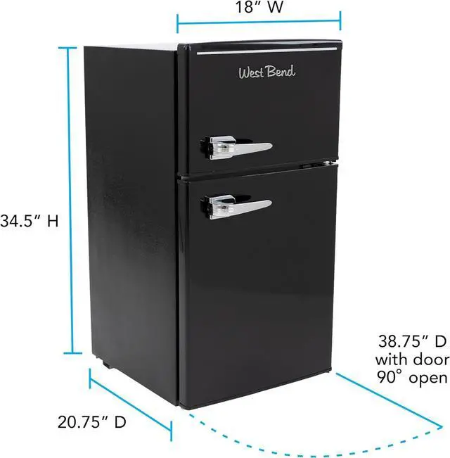 Alt view image 7 of 7 - West Bend Mini Fridge with Freezer for Bedroom, Office, Bar or Dorm Room, Retro Compact Refrigerator features Glass Shelves, Manual Defrost and Adjustable Temperature Control, 3.1-Cu.Ft., Black