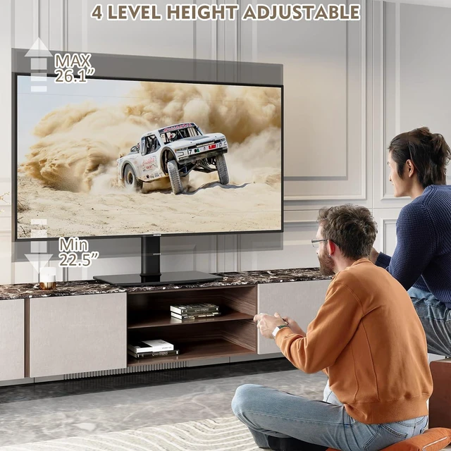 Alt view image 4 of 7 - Universal Swivel/Table Top TV Stand 27 to 60 inch TVs 80 Degree Swivel, 4 Level Height Adjustable, Heavy Duty Tempered Glass Base, Holds up to 99lbs Screens, HT04B-001