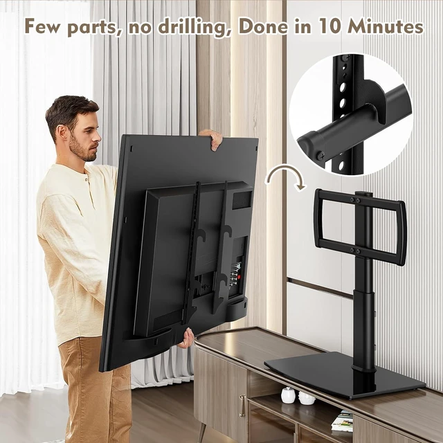 Alt view image 5 of 7 - Universal Swivel/Table Top TV Stand 27 to 60 inch TVs 80 Degree Swivel, 4 Level Height Adjustable, Heavy Duty Tempered Glass Base, Holds up to 99lbs Screens, HT04B-001