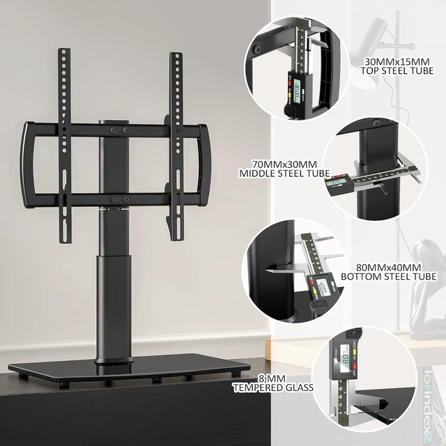 Alt view image 7 of 7 - Universal Swivel/Table Top TV Stand 27 to 60 inch TVs 80 Degree Swivel, 4 Level Height Adjustable, Heavy Duty Tempered Glass Base, Holds up to 99lbs Screens, HT04B-001