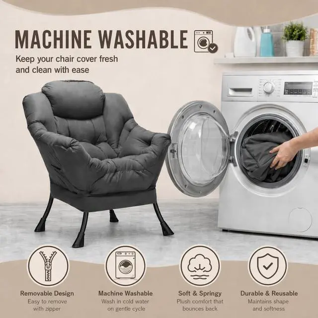 Alt view image 6 of 7 - HollyHOME Lazy Chair with Armrest and Side Pocket, Comfy Accent Lounge Chair,Leisure Sofa Armchair for Living Room, Bedroom, Dorm, or Small Spaces, Oversized Reading Sofa Chair,Dark Grey