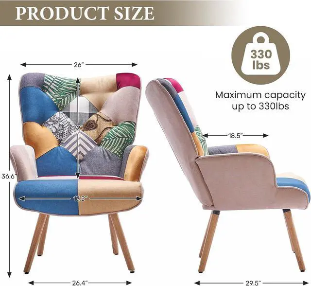 Alt view image 2 of 7 - Joysoul Living Room Accent Chair, Modern High Back Armchair, Boho Patchwork Fabric Chair, Colorful Upholstered Reading Chair with Solid Wood Legs for Bedroom, Small Space
