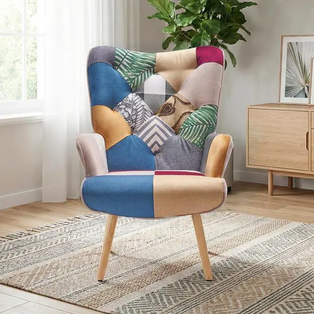 Alt view image 3 of 7 - Joysoul Living Room Accent Chair, Modern High Back Armchair, Boho Patchwork Fabric Chair, Colorful Upholstered Reading Chair with Solid Wood Legs for Bedroom, Small Space