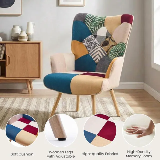 Alt view image 4 of 7 - Joysoul Living Room Accent Chair, Modern High Back Armchair, Boho Patchwork Fabric Chair, Colorful Upholstered Reading Chair with Solid Wood Legs for Bedroom, Small Space