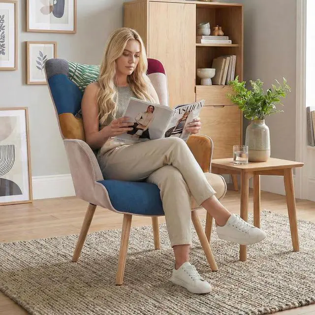 Alt view image 5 of 7 - Joysoul Living Room Accent Chair, Modern High Back Armchair, Boho Patchwork Fabric Chair, Colorful Upholstered Reading Chair with Solid Wood Legs for Bedroom, Small Space