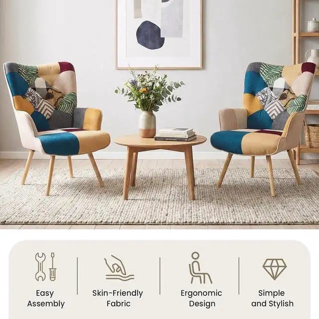 Alt view image 6 of 7 - Joysoul Living Room Accent Chair, Modern High Back Armchair, Boho Patchwork Fabric Chair, Colorful Upholstered Reading Chair with Solid Wood Legs for Bedroom, Small Space