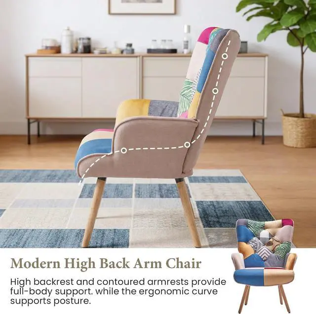 Alt view image 7 of 7 - Joysoul Living Room Accent Chair, Modern High Back Armchair, Boho Patchwork Fabric Chair, Colorful Upholstered Reading Chair with Solid Wood Legs for Bedroom, Small Space