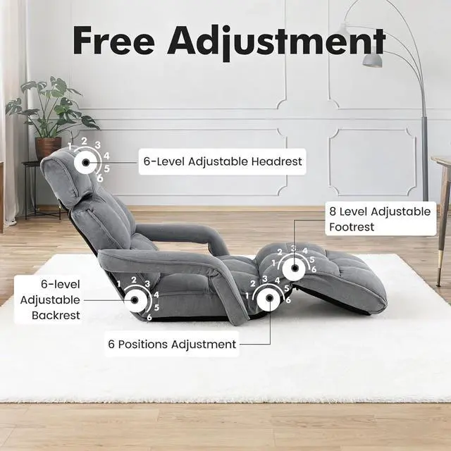 Alt view image 5 of 7 - KOMFOTT Foldable Floor Lazy Sofa, Indoor Chaise Lounge Sofa with 6 Adjustable Positions, Folding Chair Bed with Adjustable Armrests, Backrest & Footrest, Ideal for Living Room, Bedroom (Grey)