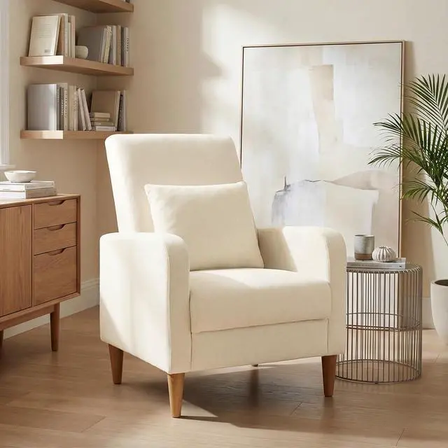 Main image of COLAMY Mid-Century Modern Upholstered Accent Chair with Back Pillow & Solid Wood Legs, Fabric Cozy Armchair for Living Room, Bedroom, Reading Nook, Apartment & Small Spaces, Beige