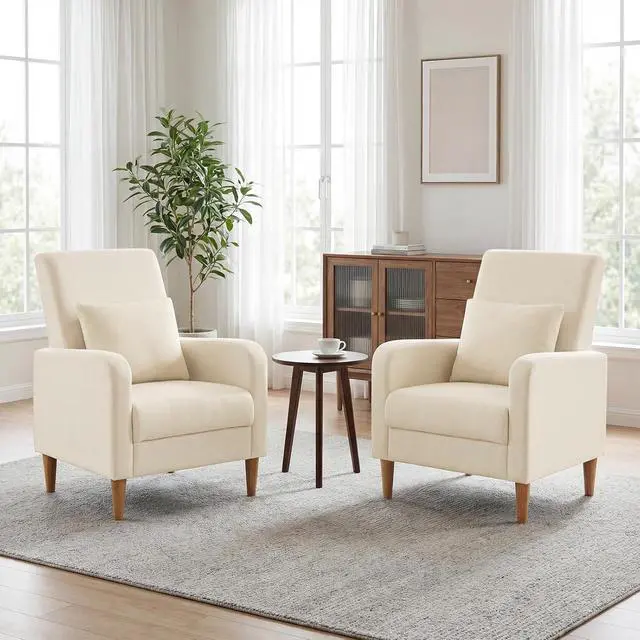 Alt view image 3 of 7 - COLAMY Mid-Century Modern Upholstered Accent Chair with Back Pillow & Solid Wood Legs, Fabric Cozy Armchair for Living Room, Bedroom, Reading Nook, Apartment & Small Spaces, Beige