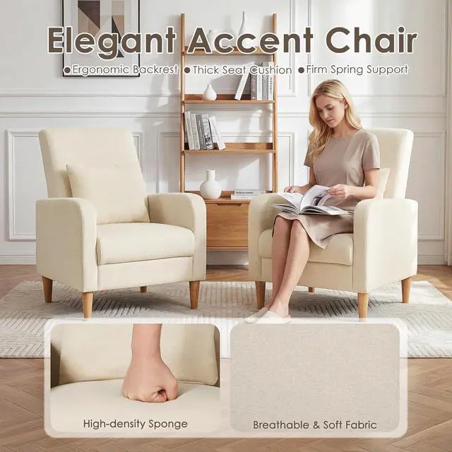 Alt view image 5 of 7 - COLAMY Mid-Century Modern Upholstered Accent Chair with Back Pillow & Solid Wood Legs, Fabric Cozy Armchair for Living Room, Bedroom, Reading Nook, Apartment & Small Spaces, Beige