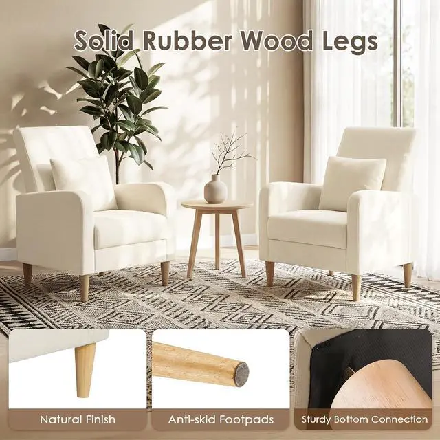 Alt view image 6 of 7 - COLAMY Mid-Century Modern Upholstered Accent Chair with Back Pillow & Solid Wood Legs, Fabric Cozy Armchair for Living Room, Bedroom, Reading Nook, Apartment & Small Spaces, Beige