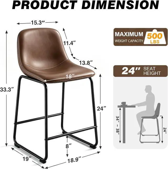 Alt view image 2 of 7 - TAVR 24 inch Counter Height Stools Set of 2, Hold up to 500 lbs, Brown