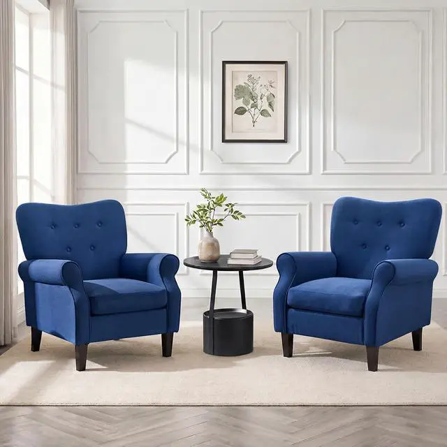 Alt view image 2 of 7 - YOLENY Modern Accent Chair,High Back Armchair,Upholstered Fabric Button Single Sofa with Wooden Legs for Living Room,Bedroom,Club,Light Blue