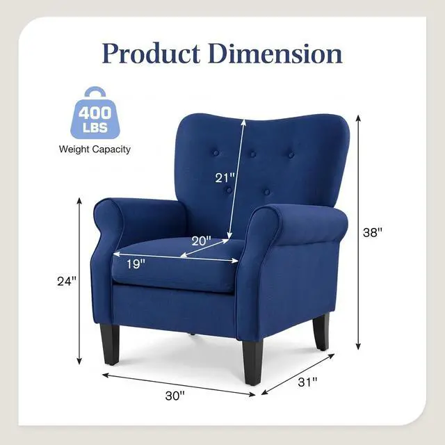 Alt view image 3 of 7 - YOLENY Modern Accent Chair,High Back Armchair,Upholstered Fabric Button Single Sofa with Wooden Legs for Living Room,Bedroom,Club,Light Blue