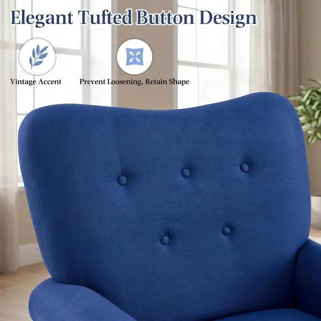 Alt view image 4 of 7 - YOLENY Modern Accent Chair,High Back Armchair,Upholstered Fabric Button Single Sofa with Wooden Legs for Living Room,Bedroom,Club,Light Blue