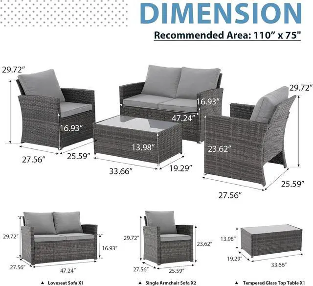 Alt view image 5 of 7 - JOIVI 4 Pcs Patio Furniture Set, Wicker Patio Conversation Set, Light Gray
