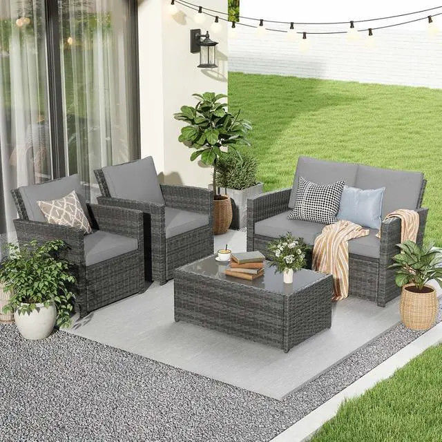 Alt view image 6 of 7 - JOIVI 4 Pcs Patio Furniture Set, Wicker Patio Conversation Set, Light Gray
