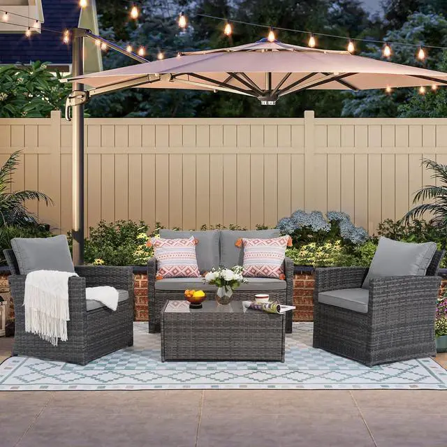 Alt view image 7 of 7 - JOIVI 4 Pcs Patio Furniture Set, Wicker Patio Conversation Set, Light Gray