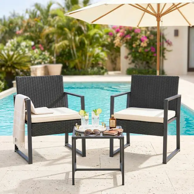 Alt view image 2 of 7 - FDW | 3-Piece Patio Furniture Set | Khaki |Outdoor Wicker Furniture with Coffee Table | Modern Rattan Chairs Conversation Set | Outdoor Seating | Weather-Resistant | for Porch, Garden, Lawn