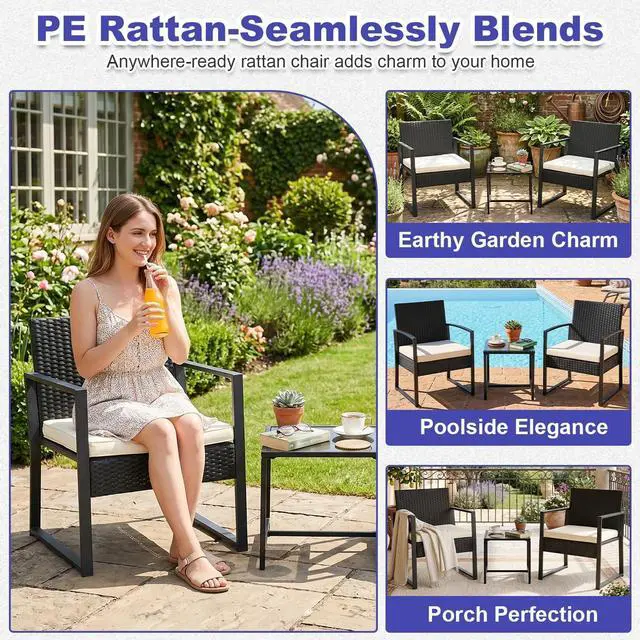 Alt view image 3 of 7 - FDW | 3-Piece Patio Furniture Set | Khaki |Outdoor Wicker Furniture with Coffee Table | Modern Rattan Chairs Conversation Set | Outdoor Seating | Weather-Resistant | for Porch, Garden, Lawn