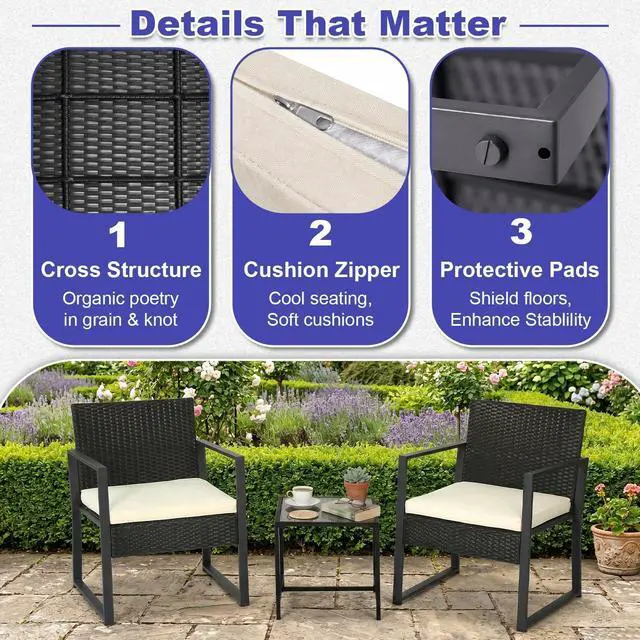 Alt view image 4 of 7 - FDW | 3-Piece Patio Furniture Set | Khaki |Outdoor Wicker Furniture with Coffee Table | Modern Rattan Chairs Conversation Set | Outdoor Seating | Weather-Resistant | for Porch, Garden, Lawn
