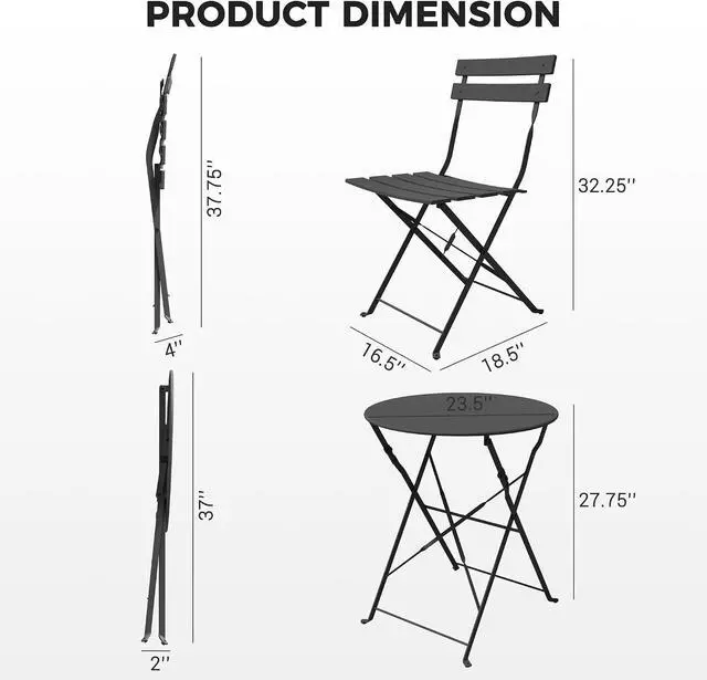 Alt view image 2 of 7 - Grand patio 3-Piece Folding Patio Bistro Set Outdoor Porch Balcony, Black
