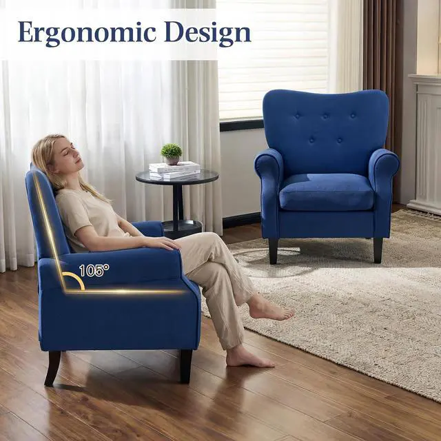 Alt view image 7 of 7 - YOLENY Modern Accent Chair,High Back Armchair,Upholstered Fabric Button Single Sofa with Wooden Legs for Living Room,Bedroom,Club,Light Blue