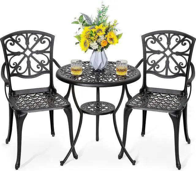Main image of NUU GARDEN 3 Piece Outdoor Bistro Set Cast Aluminum Patio Set Bistro Table Set Rustproof Patio Table and Chairs with Umbrella Hole for Backyard, Balcony, Front Porch, Black