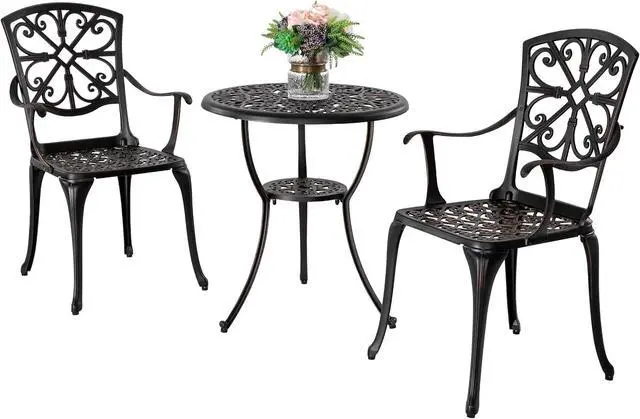 Alt view image 2 of 7 - NUU GARDEN 3 Piece Outdoor Bistro Set Cast Aluminum Patio Set Bistro Table Set Rustproof Patio Table and Chairs with Umbrella Hole for Backyard, Balcony, Front Porch, Black