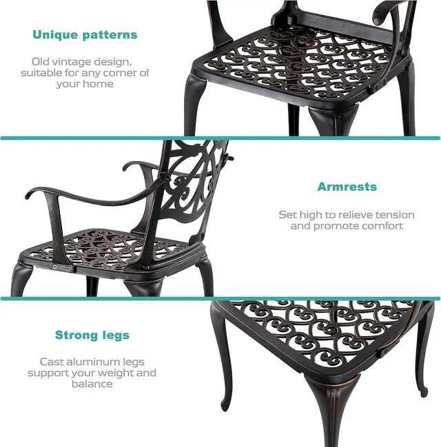 Alt view image 6 of 7 - NUU GARDEN 3 Piece Outdoor Bistro Set Cast Aluminum Patio Set Bistro Table Set Rustproof Patio Table and Chairs with Umbrella Hole for Backyard, Balcony, Front Porch, Black