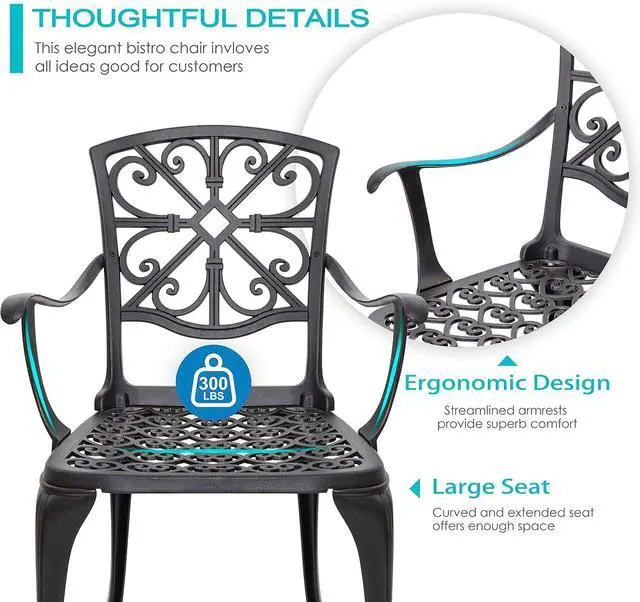 Alt view image 7 of 7 - NUU GARDEN 3 Piece Outdoor Bistro Set Cast Aluminum Patio Set Bistro Table Set Rustproof Patio Table and Chairs with Umbrella Hole for Backyard, Balcony, Front Porch, Black