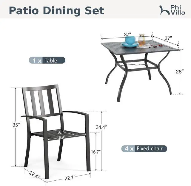 Alt view image 7 of 7 - PHI VILLA 5pc Outdoor Table and Chairs,37" Square Table&4 Metal Chairs